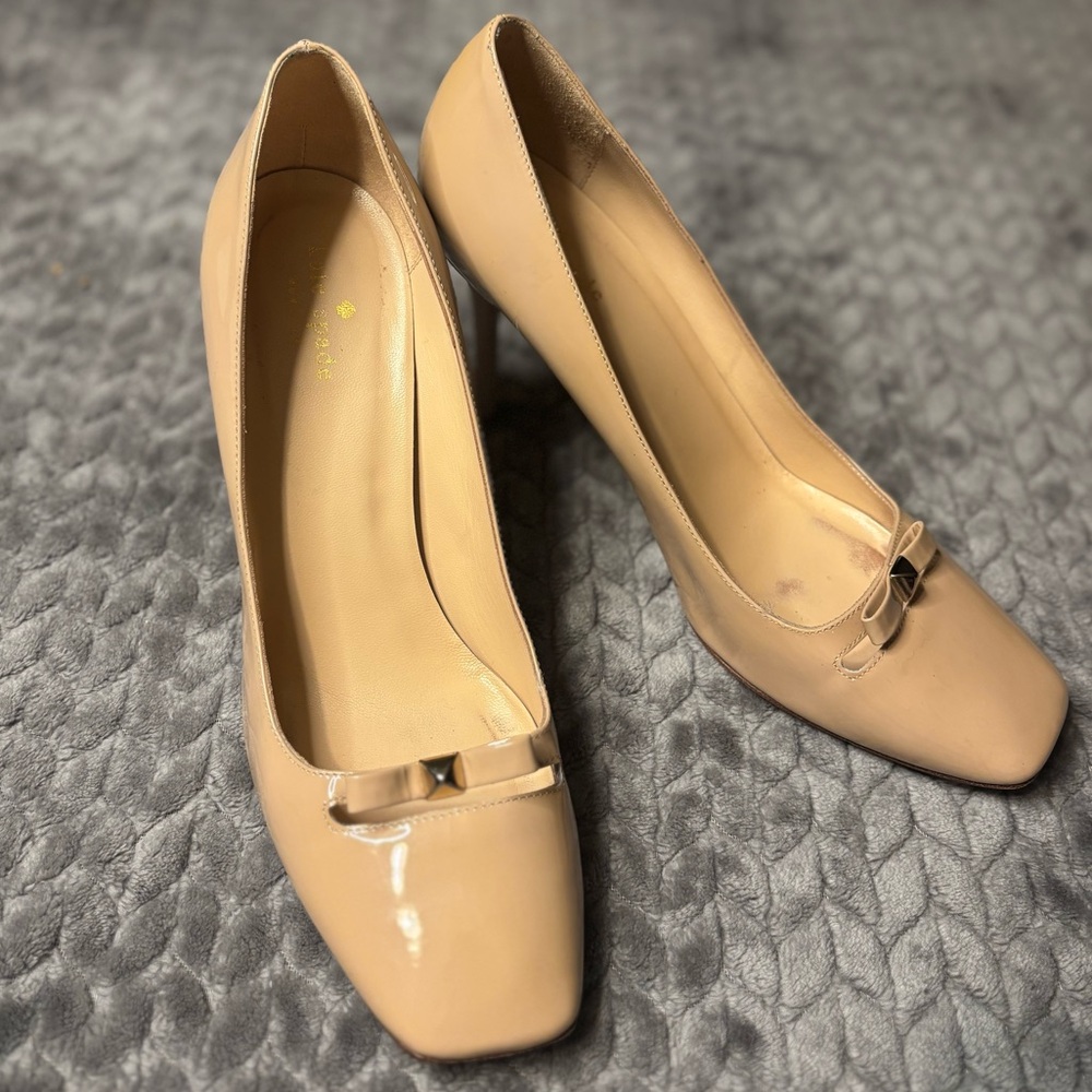 Kate Spade Nude Square Toe Heels with Bow and Stud Accent - Picture 2 of 9